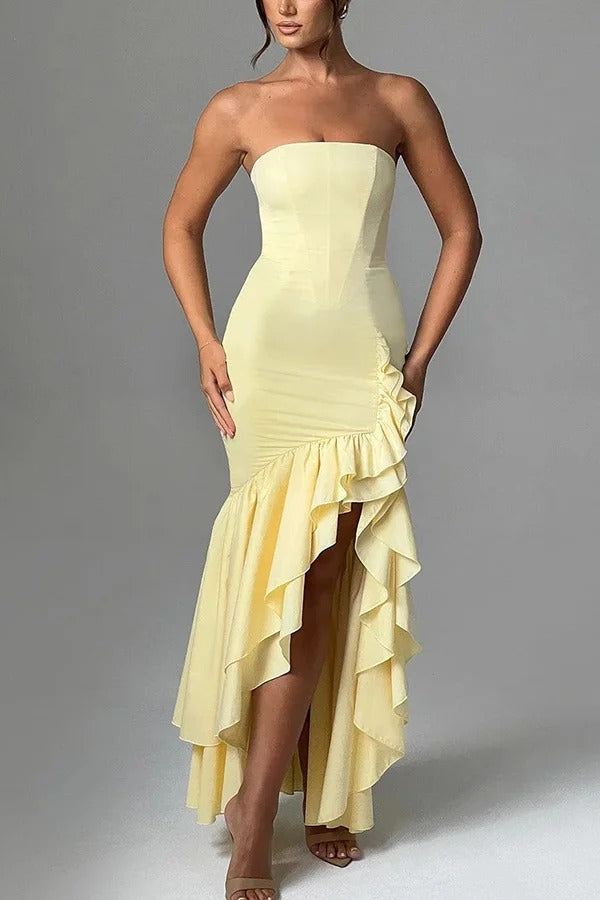 Lindsay Exclusive Off Shoulder Maxi Dress with a Slim Fit and Irregular Hem Elevated Occasion Wear