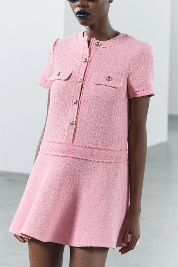 Rebekah Elevated 1960s London Girl Mini Dress in Textured Tweed with Gold Buttons and Short Sleeves and Pockets Boutique Collection