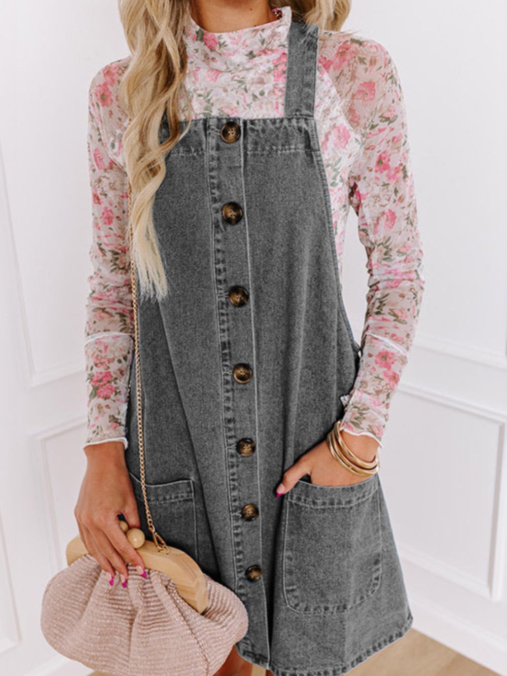 Hortensia Elevated Denim Overall Dress with Wide Straps and Buttons Chic Silhouette Collection