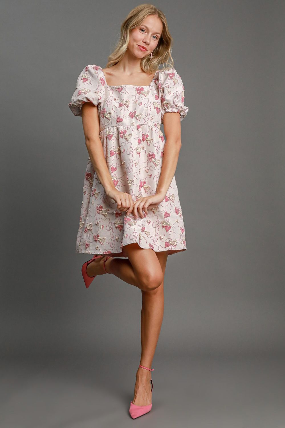 Ella Boutique Heart Jacquard Mini Dress with Square Neckline and Puff Sleeves Designer Edit
