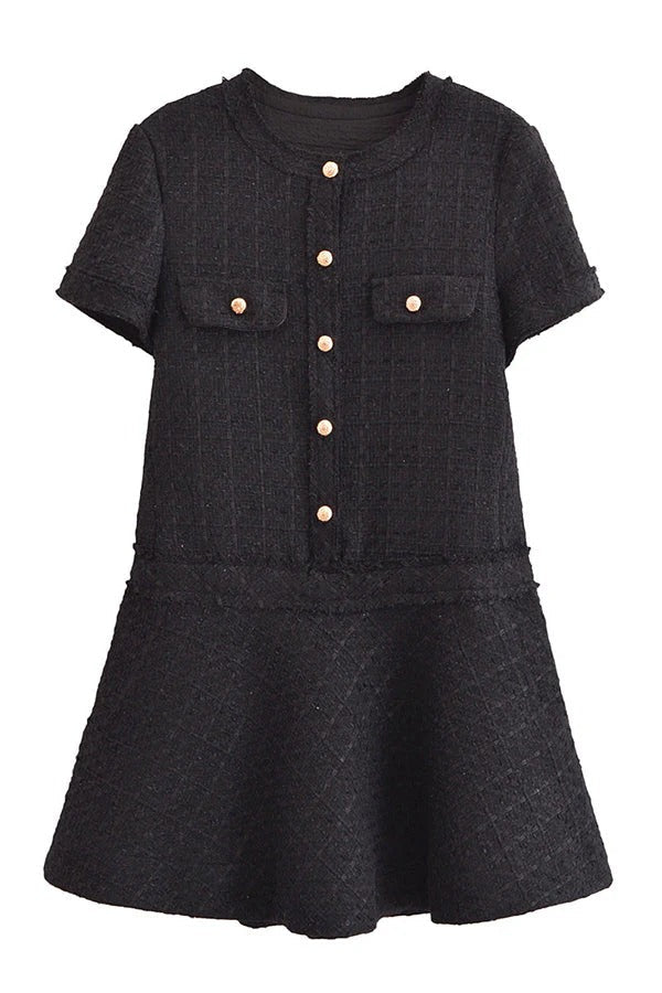 Rebekah Elevated 1960s London Girl Mini Dress in Textured Tweed with Gold Buttons and Short Sleeves and Pockets Boutique Collection