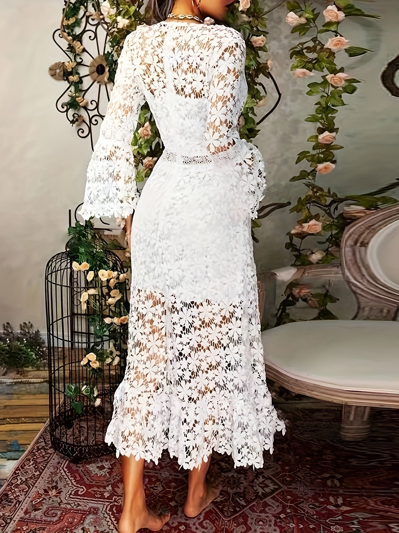 Flora Chic Cotton Guipure Lace V Neck Long Sleeves Apron Cocktail Party Dress for Women Ideal for All Seasons Silhouette Collection