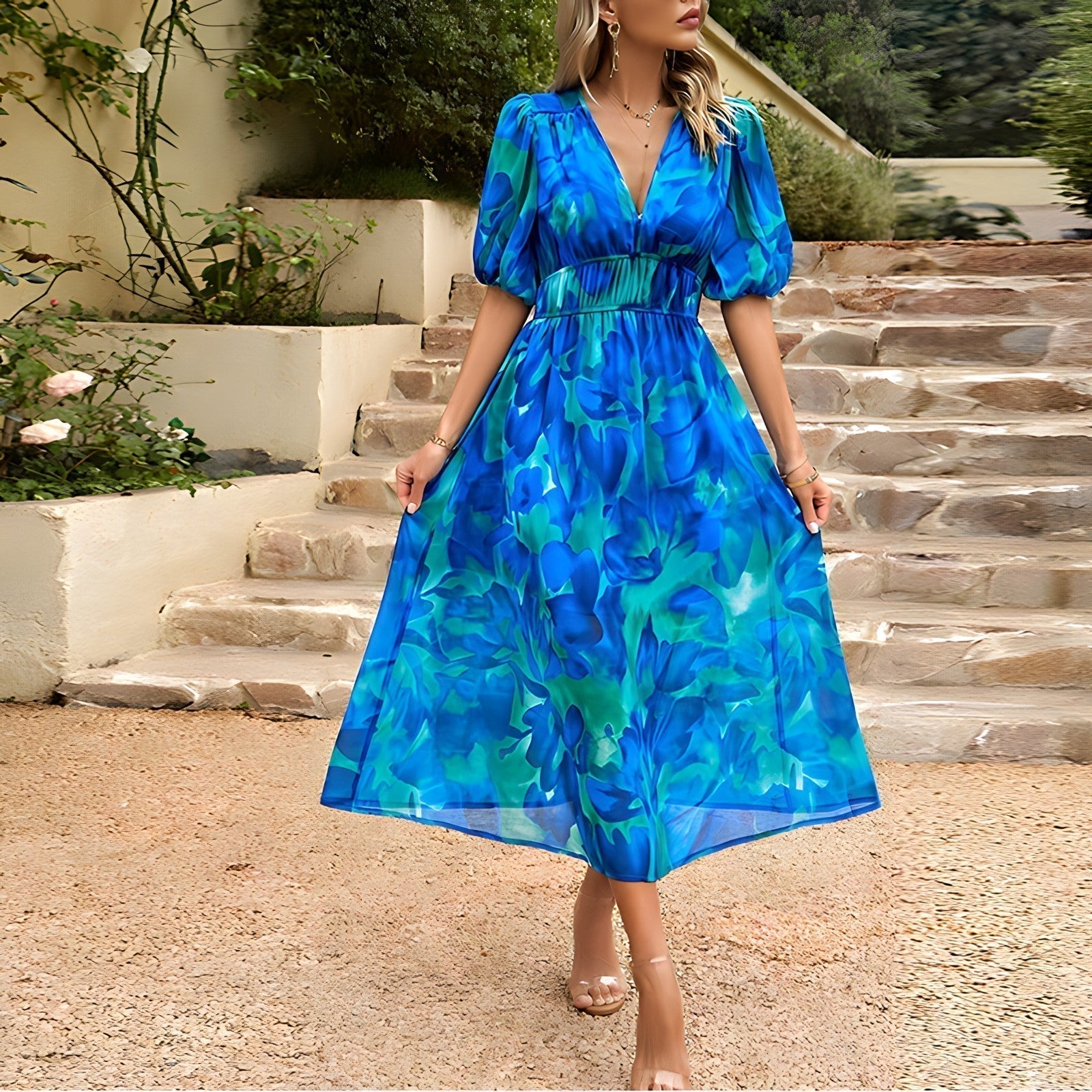 Nadia Statement V Neck Midi Dress Summer Designer Edit