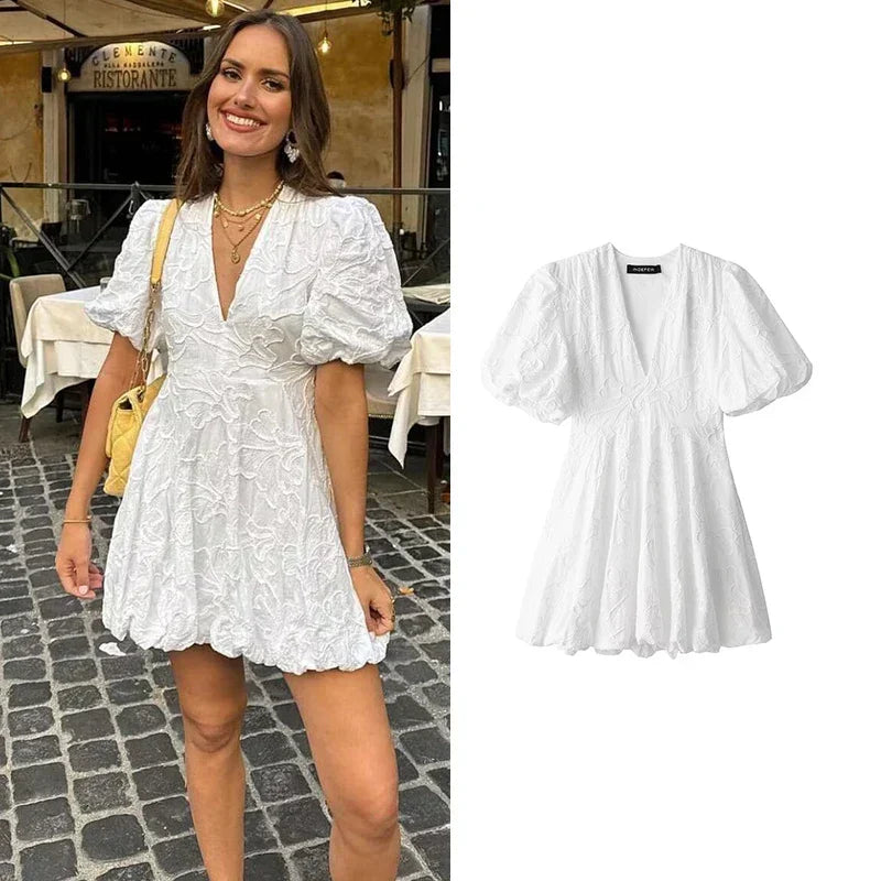 Claudia Minimalist White Mini Dress with Puff Sleeves Elevated Occasion Wear