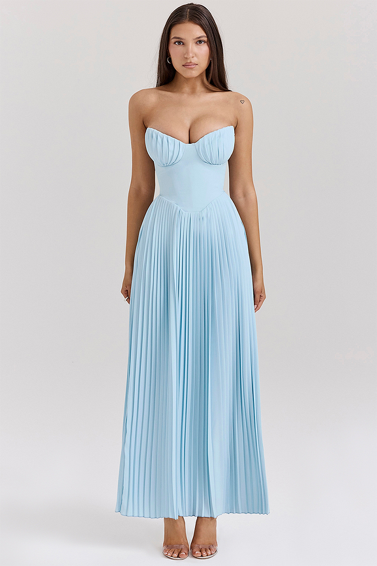 Lola Statement Strapless Cinch Waist Pleated Maxi Dress Blue [pre Order] Boutique Collection