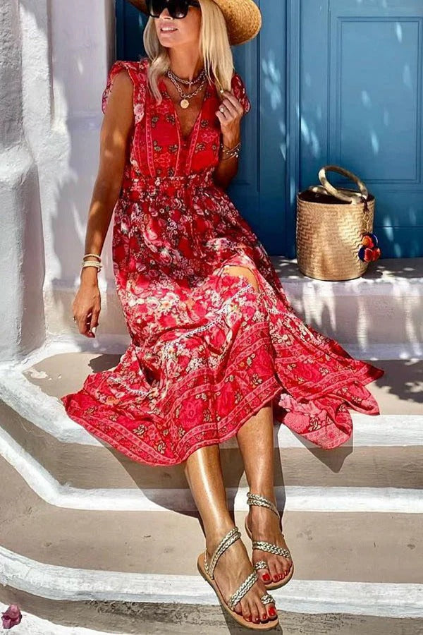 Oriana Boutique Summer in Greece Boho Print, Ruffle Sleeves, Elastic Waist, High Low Midi Dress Premium Wardrobe Essential