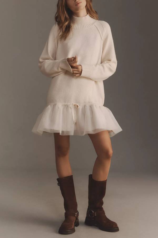Jean Minimalist Holiday Cutie Knit Long Sleeve Twofer Turtleneck Tulle Mini Dress Premium Wardrobe Essential