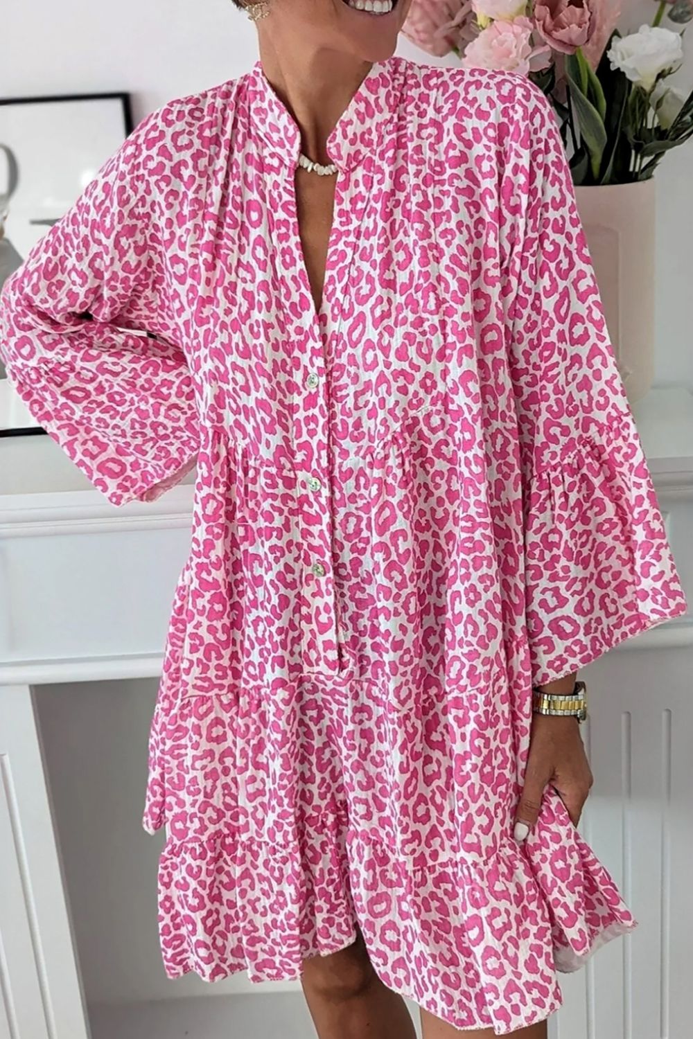 Grecia Premium Leopard Print Long Sleeve Notched Shirt Dress Wardrobe Essential