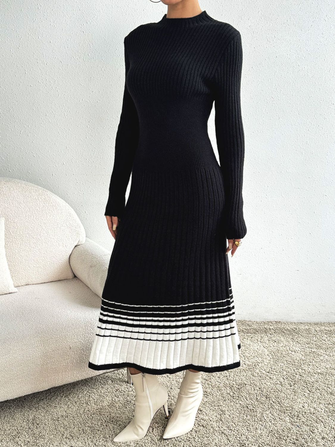 Cristina Timeless Contrasting Colored Sweater Dress with a Stand Up Collar and Long Sleeves Evening Wear Edit