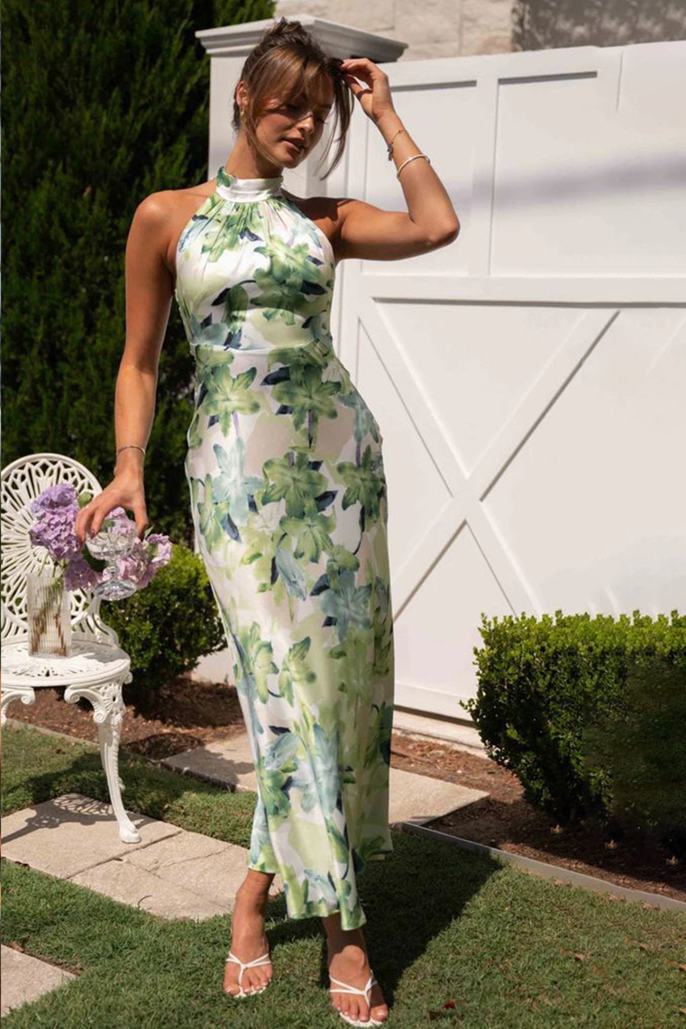 Renata Timeless Printed Halterneck Midi Dress in Backless Satin Statement Occasion Edit
