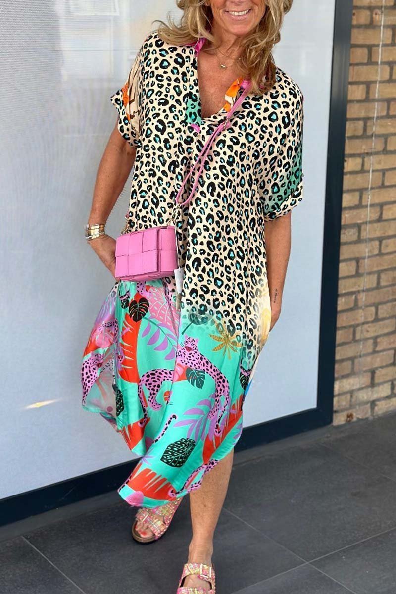 Milagros Chic Casual Leopard Print Dress with Short Sleeves Silhouette Collection