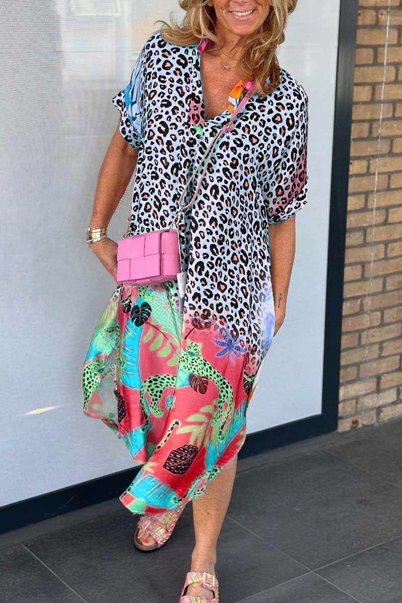Milagros Chic Casual Leopard Print Dress with Short Sleeves Silhouette Collection