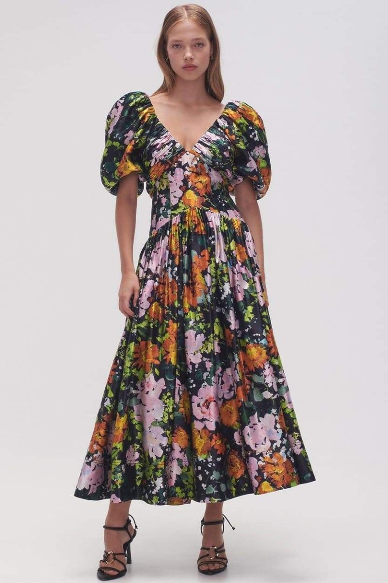 Melisa Premium Printed Midi Dress with V Neck and Puff Sleeves Elevated Occasion Wear