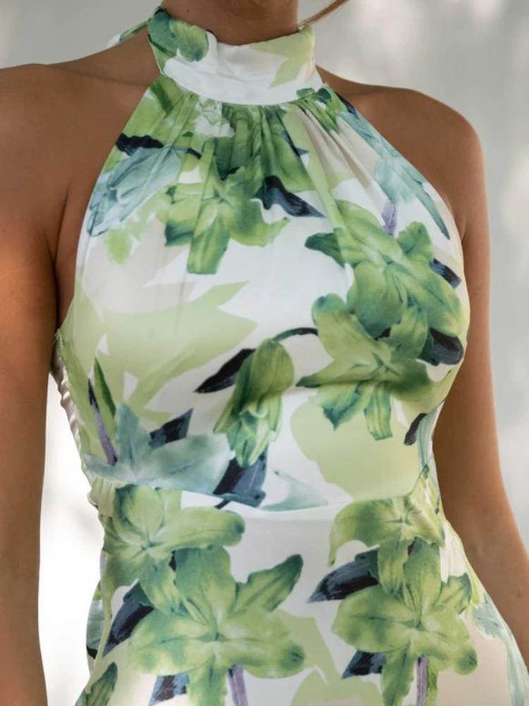 Renata Timeless Printed Halterneck Midi Dress in Backless Satin Statement Occasion Edit