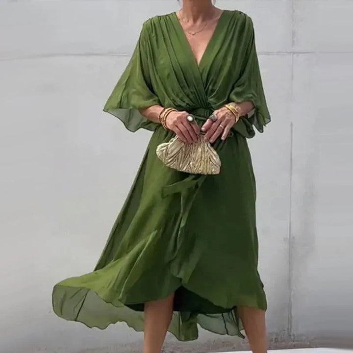 Natasha Minimalist Midi Dress with V Neckline and Loose Sleeves Chic Silhouette Collection