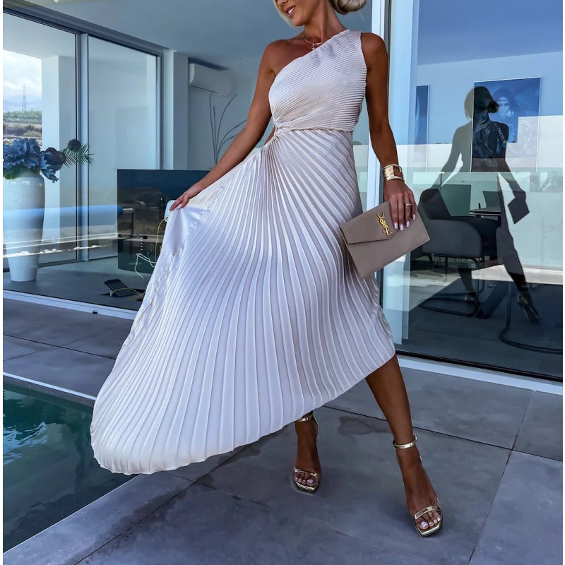 Antonia Timeless One Shoulder Pleated Maxi Dress with Hemstitching Statement Occasion Edit