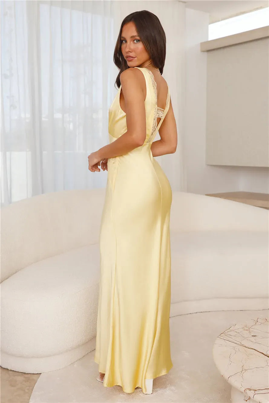 Aisling Premium Long Satin Dress with a Deep V Neck in Yellow Chic Silhouette Collection